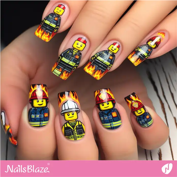 Flame French Manicure with LEGO Fire Fighter Minifigures Nail Design | Game Nails - NB2736